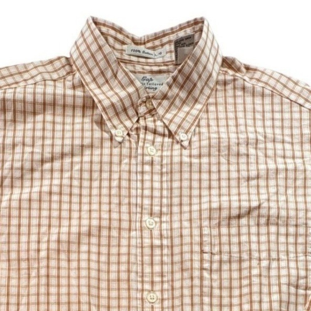 Gap Button Down Shirt Mens Large Orange Plaid Cotton Tailored Long Sleeve